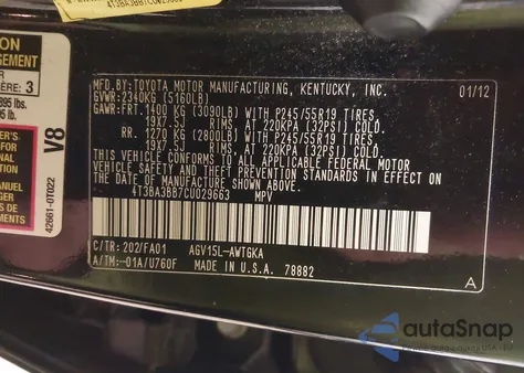 2012 Toyota Venza Le from USA, damaged, VIN 4T3BA3BB7CU029663